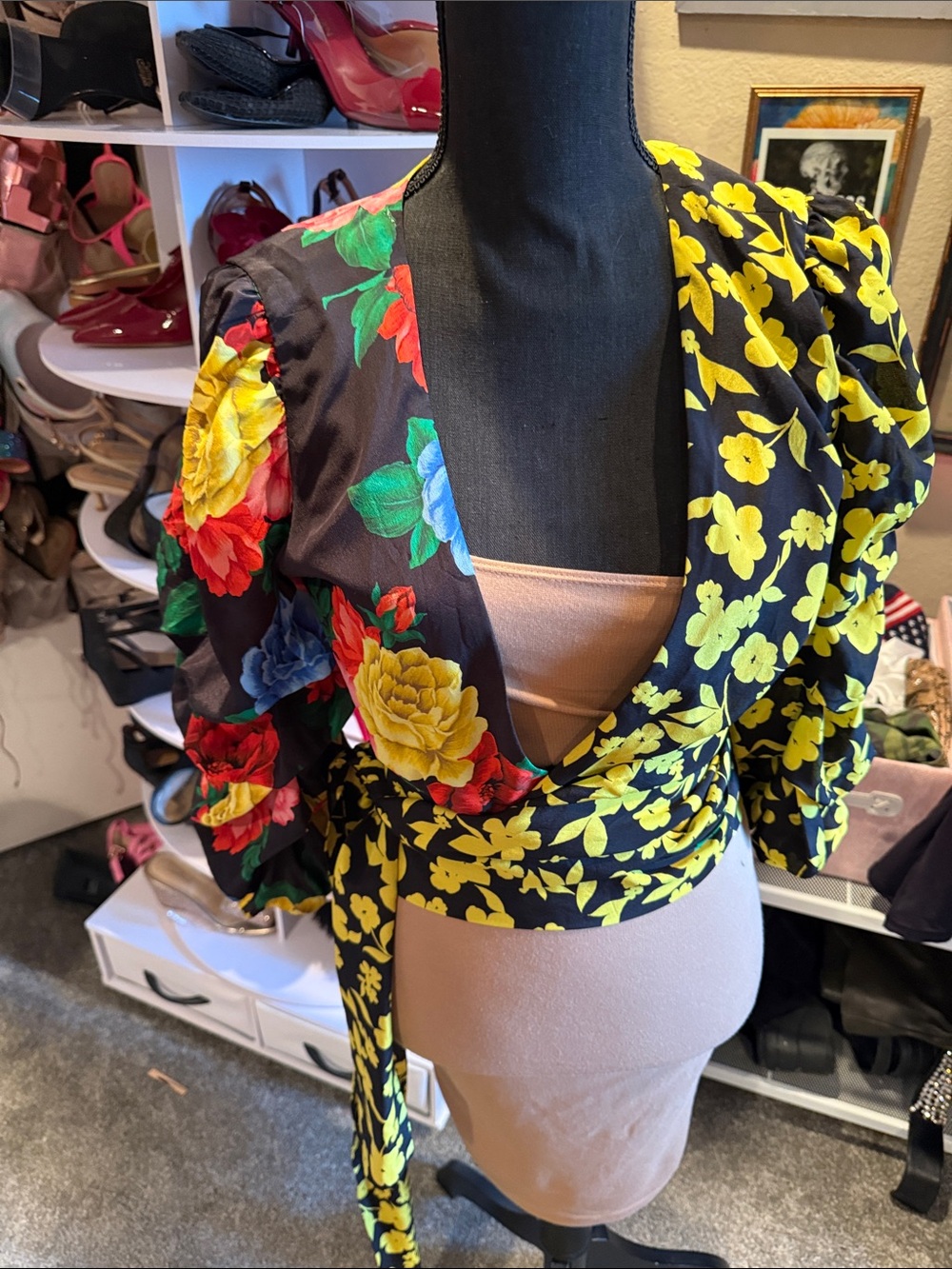 Alice + Olivia Black Floral Wrap Crop Top with Yellow and Multicolor Blooms